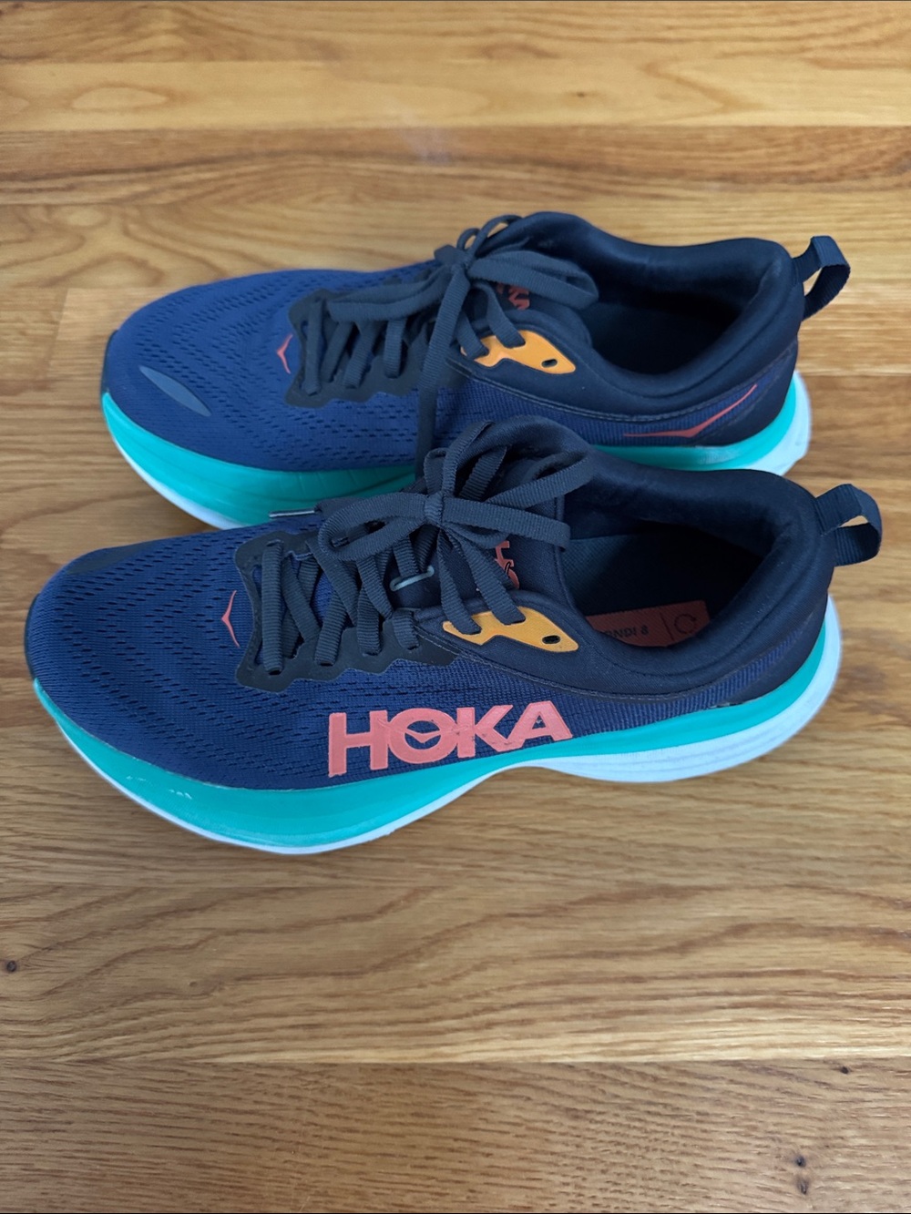 Hoka Bondi 8 Navy Shoes with Teal Midsole and Coral Logo - Picture 5 of 8